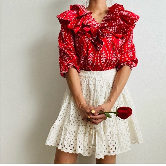 Zara red openwork embroidered ruffle blouse top S - Picture 2 of 8